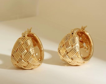 Orecchini Huggie spessi e spessi in oro massiccio 18 carati, orecchini a sfera grandi, orecchini a cerchio a sfera spessi, orecchini a sfera intrecciati, orecchini Huggie spessi, orecchini grandi e audaci