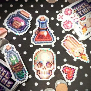 Pixel Potions - Set de pegatinas artísticas de vinilo hechas a mano - ¡Mate/Brillante/Holográficas/Brillante! Retro, Pixel, Gamer, Fantasía.