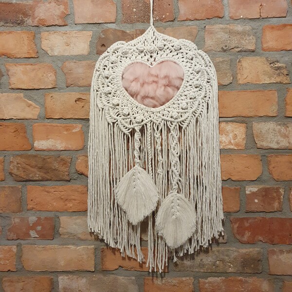 macrame heart decoration, valentine's day cuty gift, decoration like lace, white and pink wall decor, love hanging ornament, gift with love