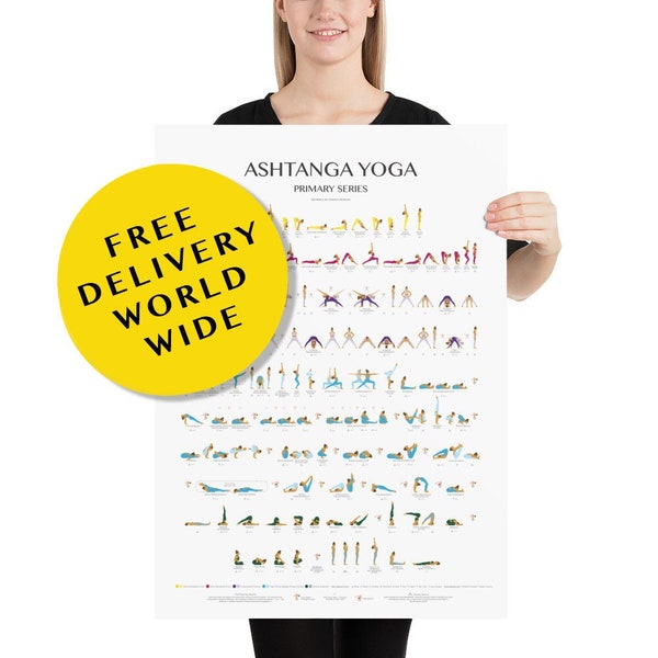 Ashtanga Poster-Free Delivery Worldwide-Primary Series-All Steps-Yoga Cheat Sheet-Yoga Prints-Beginner & Advanced-Yoga Poster- Yoga Art