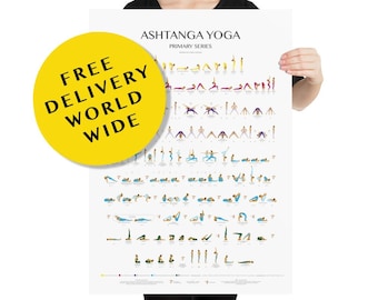Ashtanga Poster-Free Delivery Worldwide-Primary Series-All Steps-Yoga Cheat Sheet-Yoga Prints-Beginner & Advanced-Yoga Poster- Yoga Art