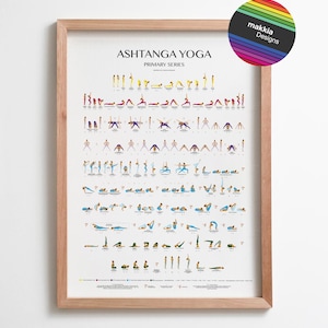 Puede incluir: Un p&oacute;ster blanco con un marco de madera marr&oacute;n claro. El p&oacute;ster presenta un gr&aacute;fico de posturas de Ashtanga Yoga, con ilustraciones de una persona en cada postura. El t&iacute;tulo del p&oacute;ster es "Ashtanga Yoga Primary Series".