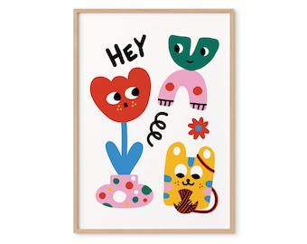 Nursery Print-Colorful Prints-Liunic Style-DIGITAL FILE-Nursery Gifts-Art for Kids-Colorful Art-Cat Artwork-Funny Cat Prints-Bright Art-JPGs
