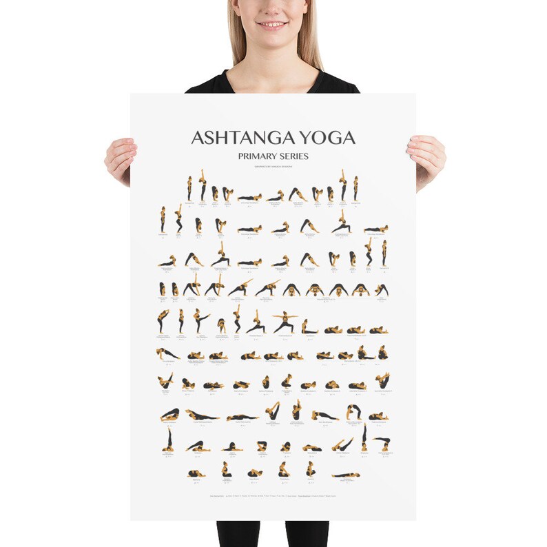 May include: A black and white poster with the text "Ashtanga Yoga Primary Series" at the top. The poster shows a series of yoga poses with a woman in each pose. The poses are numbered and labeled with their Sanskrit names.