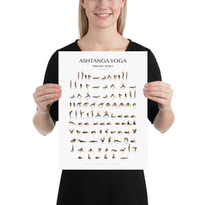 May include: A black and white poster with the text "Ashtanga Yoga Primary Series" at the top. The poster features a series of yoga poses in a grid format.