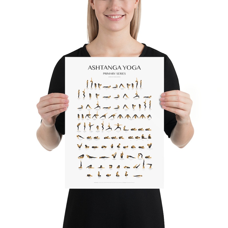 May include: A black and white poster with the text "Ashtanga Yoga Primary Series" at the top. The poster features a series of yoga poses in a grid format.