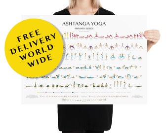Ashtanga Poster-Free Delivery Worldwide-Primary Series-All Steps-Yoga Cheat Sheet-Yoga Prints-Beginner & Advanced-Yoga Poster- Yoga Art