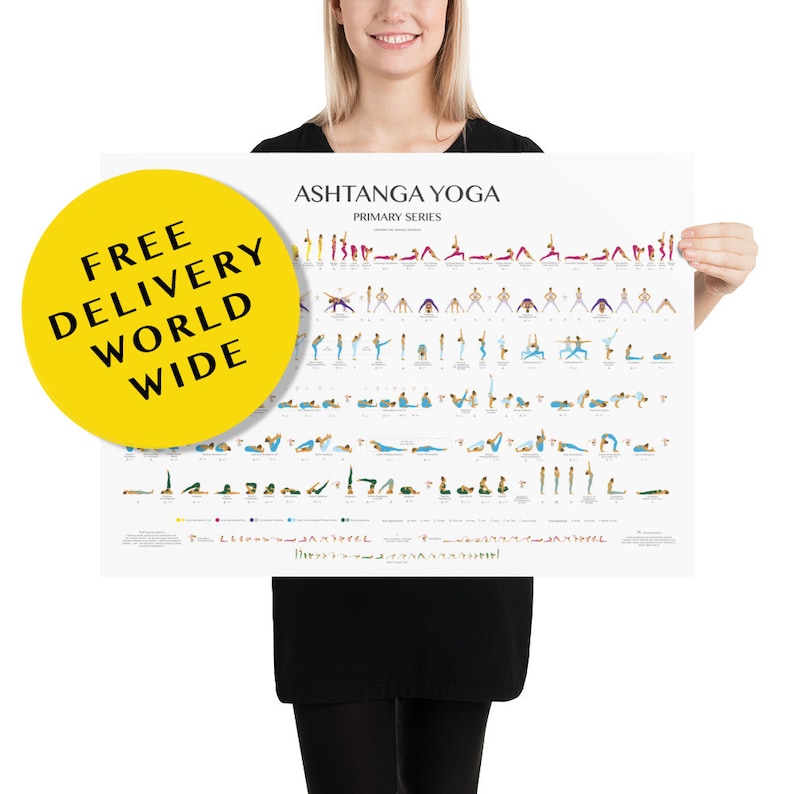 Ashtanga Poster-Free Delivery Worldwide-Primary Series-All Steps-Yoga Cheat Sheet-Yoga Prints-Beginner & Advanced-Yoga Poster- Yoga Art 50×70 cm