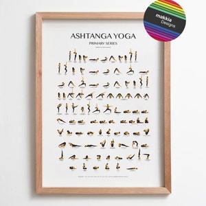 May include: A black and gold illustrated poster showing the poses of the Ashtanga Yoga Primary Series. The poster is framed in a light wood frame.