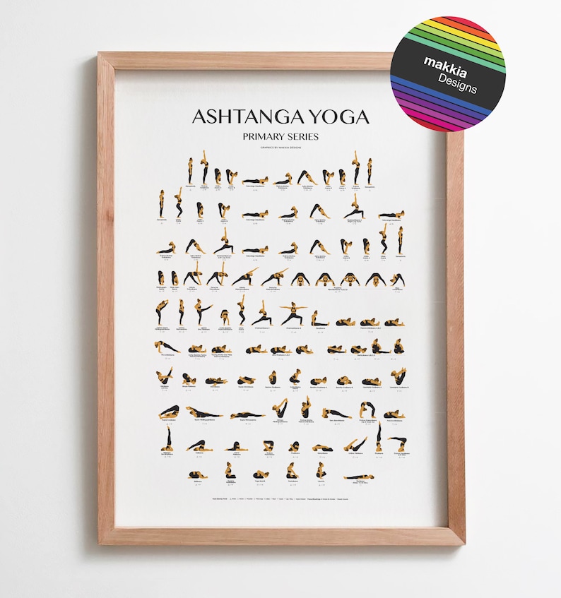 May include: A black and gold illustrated poster showing the poses of the Ashtanga Yoga Primary Series. The poster is framed in a light wood frame.