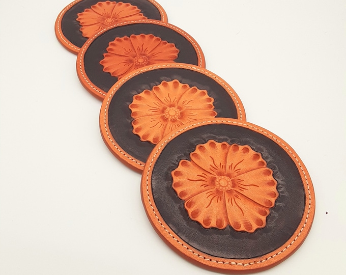 Featured listing image: Set of 4 Traditional Western Hand Tooled Floral Drink Coasters for Home Office Bar Mancave  Country Western Ranch Farm Hunting Camping Gift