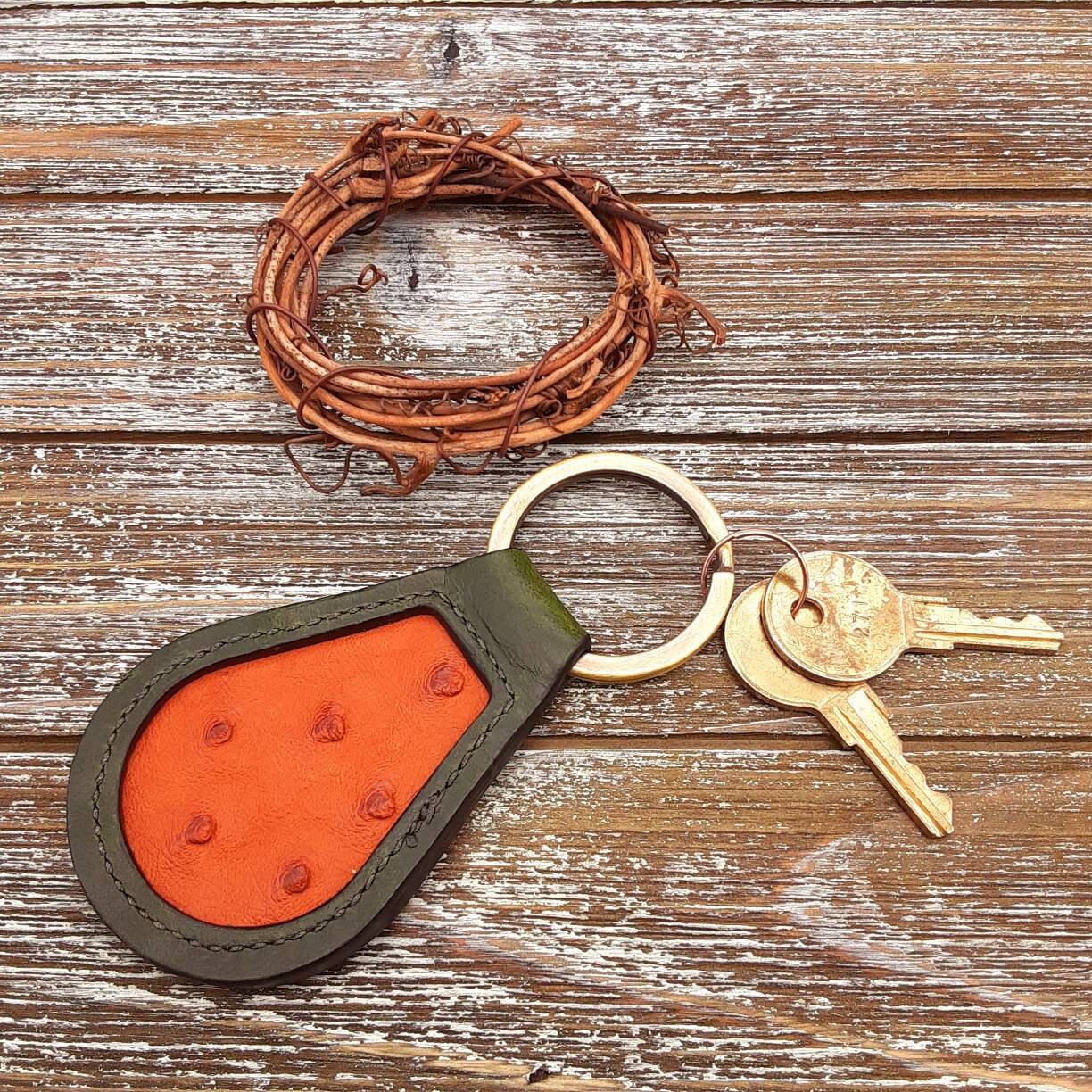 Exotic Leather Keychain Ostrich Inlay Handmade Gift Etsy