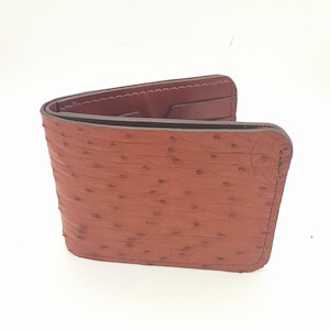 Cartera plegable de cuero exótico, cartera de avestruz marrón, lujo personalizado hecho a mano moda minimalista bolsillo frontal titular de la tarjeta regalo para él