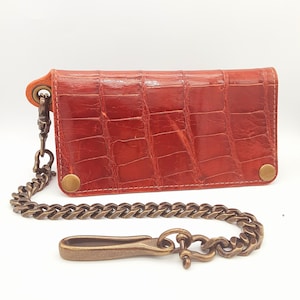 Cartera de motociclista con cadena larga y herrajes de latón - Billetera plegable de piel de caimán americano exótico Tarjetero minimalista Piel hecha a mano