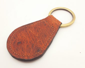 Brown Oil Tanned Ostrich Keyring, Handmade Exotic Leather Keychain, Luxury Keyfob Gift for Him or Her, Custom Leathercraft Accessories