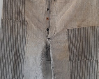 1940s French Mont St Michel stripe workwear Pants patched and darned