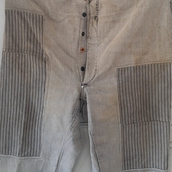 1940s French Mont St Michel stripe workwear Pants patched and darned