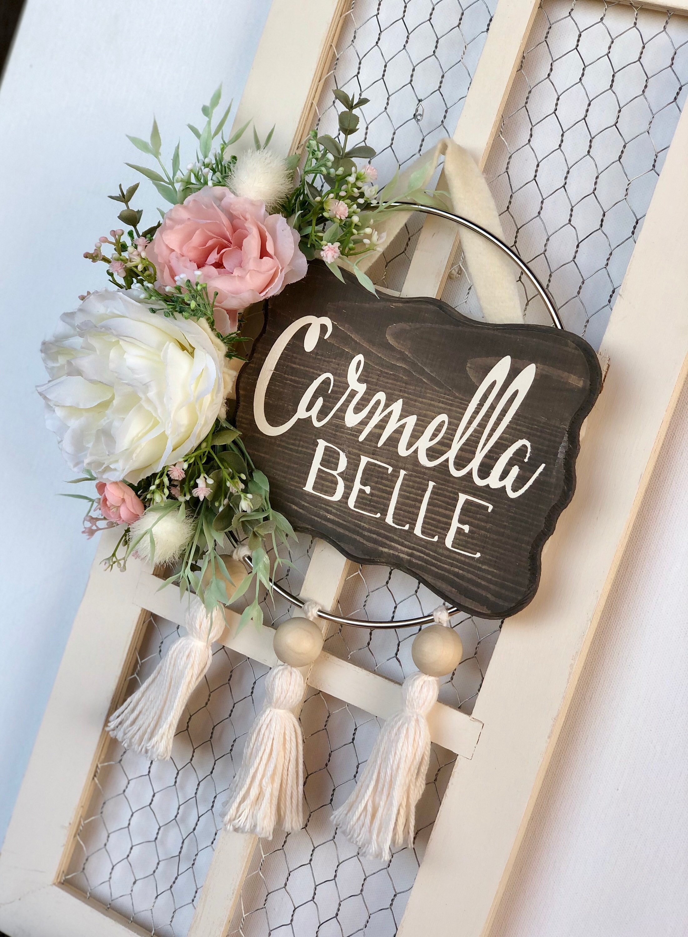 Baby girl door hanger /Floral nursery name sign / pink nursery Etsy