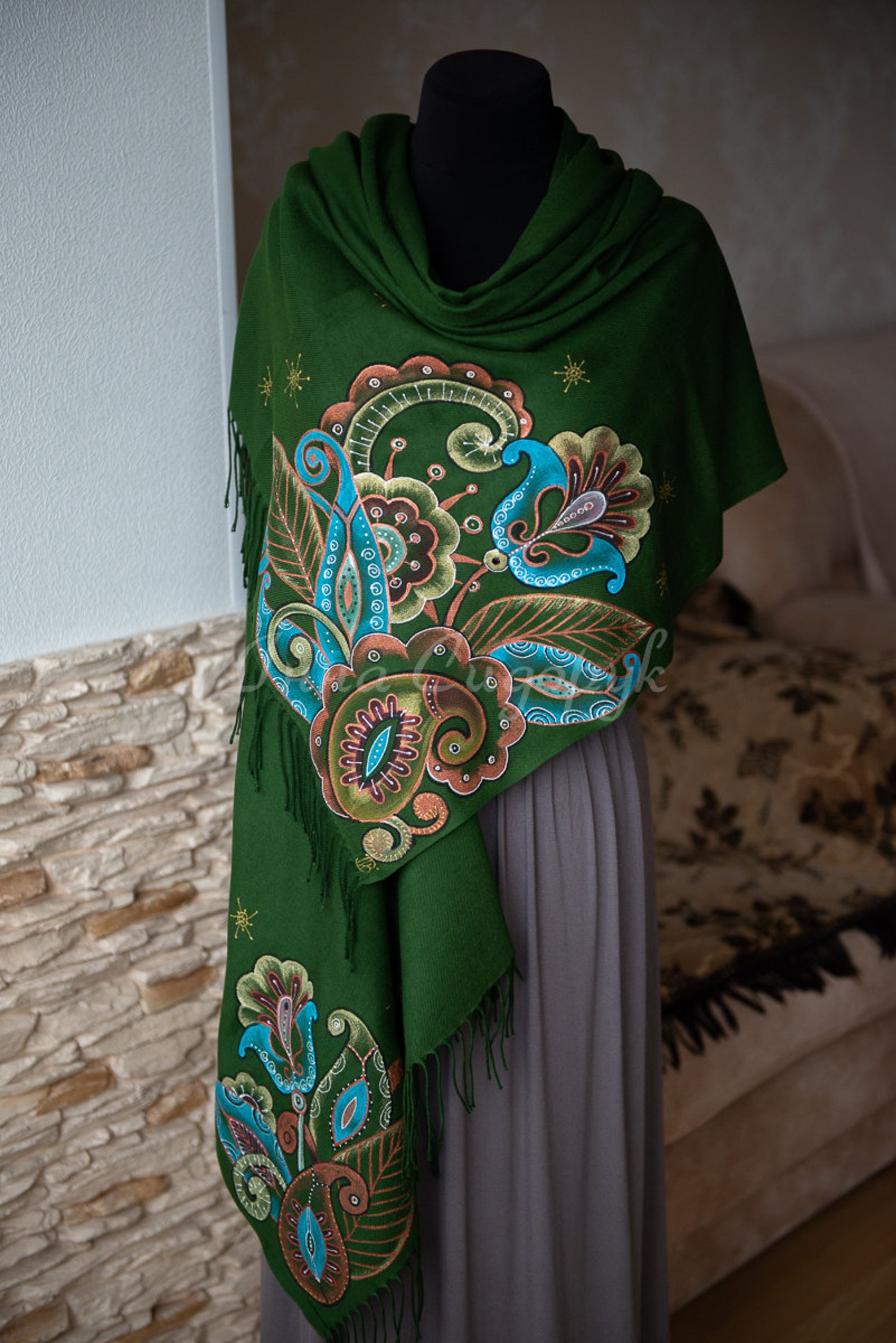 Dark Green Cashmere Scarf With Fabulous Patterns Large Floral | Etsy