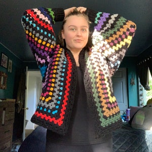 Hand Crocheted Cardigan | Scrap Yarn Cardigan, Whimsigoth Cardigan, Witchy Cardigan, Cottagecore Cardigan, Fairycore Cardigan, Goth Cardigan