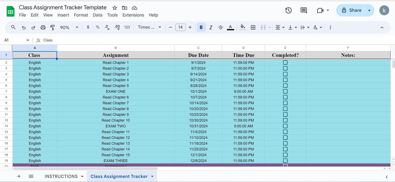 Class Assignment Tracker Template – Google Sheets & Excel (digital ...