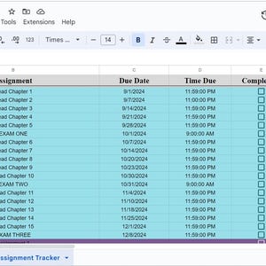 May include: A Google Sheets spreadsheet with a light blue background and a gray header row. The spreadsheet is titled "Class Assignment Tracker Template". The columns are labeled "Class", "Assignment", "Due Date", "Time Due", "Completed?", and "Notes".