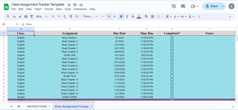 May include: A Google Sheets spreadsheet with a light blue background and a gray header row. The spreadsheet is titled "Class Assignment Tracker Template". The columns are labeled "Class", "Assignment", "Due Date", "Time Due", "Completed?", and "Notes".