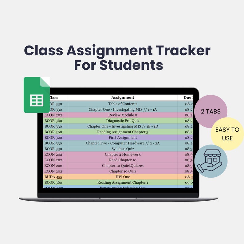 Class Assignment Tracker Template - Task tracker, College planner, Class planner, Student tracker, academic tracker, excel, digital download image 1