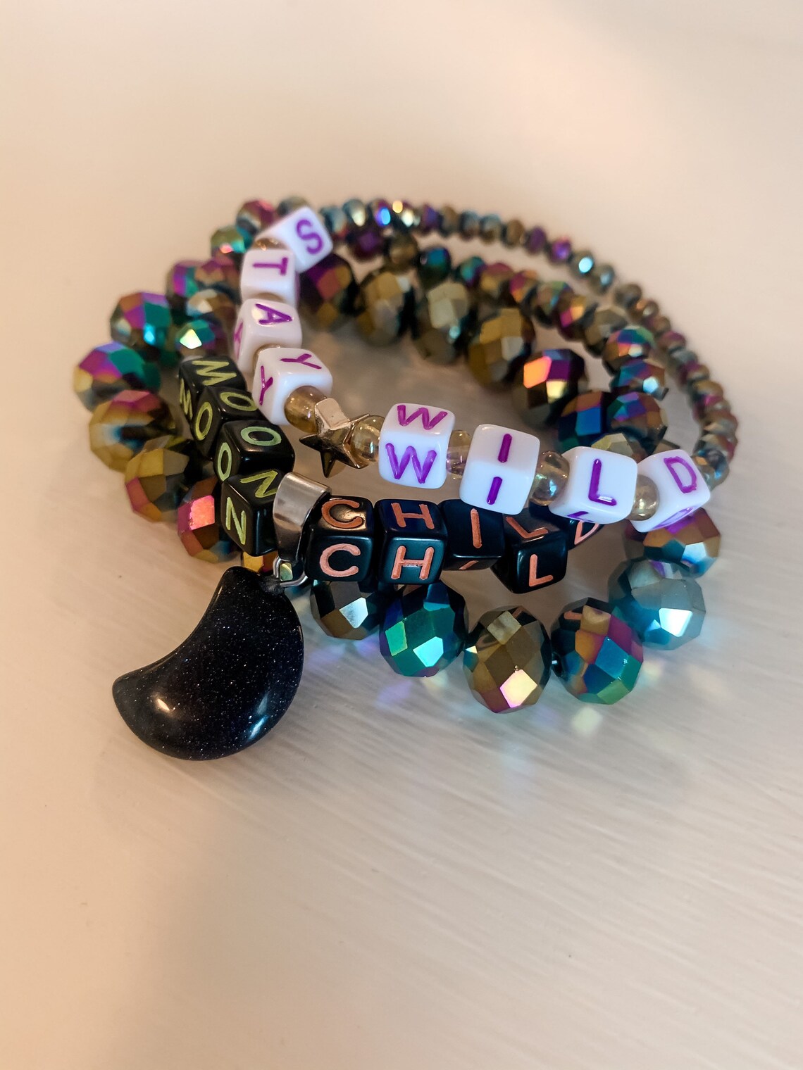 Custom Holographic Beaded Bracelet SetStay Wild Moon Etsy
