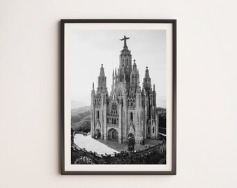 Photography Prints Tibidabo   Barcelona Spain Black and white photography Temple of the Sacred Heart of Jesus