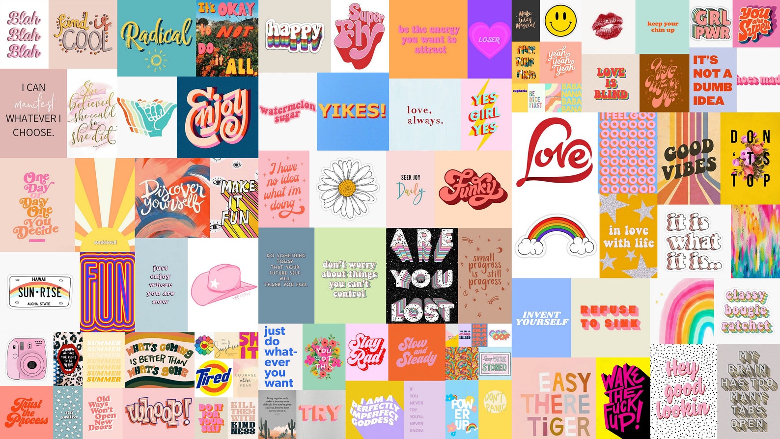 Words and Quotes Aesthetic Photo Collage Kit of 90 Pieces / Colorful