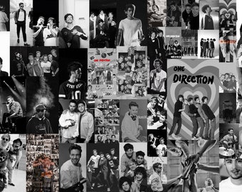 May include: Black and white collage of photos featuring a boy band. The photos show the band members performing on stage, posing for photos, and hanging out together. The collage includes the band's name, "One Direction", in a large, bold font.
