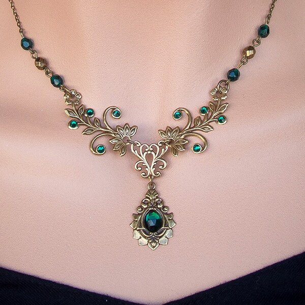 Vintage Necklace - Victorian Gothic - Antique Gold Brass - Emerald Green - Swarovski Crystal - Romantic Flower - Fairy Elven Necklace