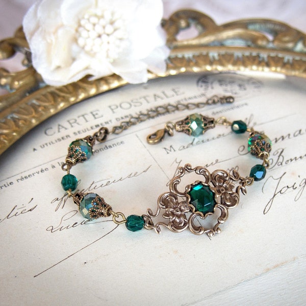 Vintage Bracelet - Victorian Gothic - Antique Bronze - Emerald Green - Swarovski Crystal - Medieval Wedding - Old - Renaissance Tudors