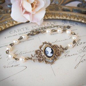 Romantic Victorian Bracelet - Black and White Cameo - Antique Bronze - Old Retro - Marie Antoinette Style - Renaissance Pearl Bracelet