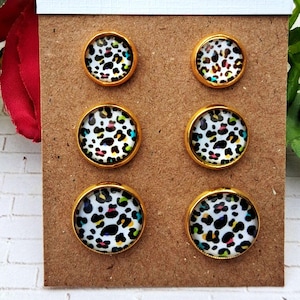 Leopard Print Earrings, Set of Resin Cabochon Studs, Rainbow Fashion Jewelry