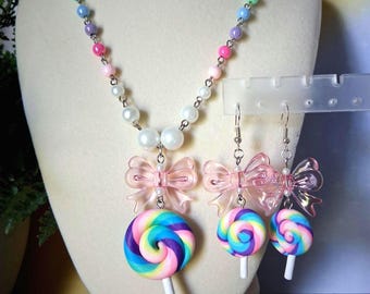 Set di collana e orecchini a forma di lecca-lecca con spirale di caramelle pastello, accessorio con cuore di caramella e perline
