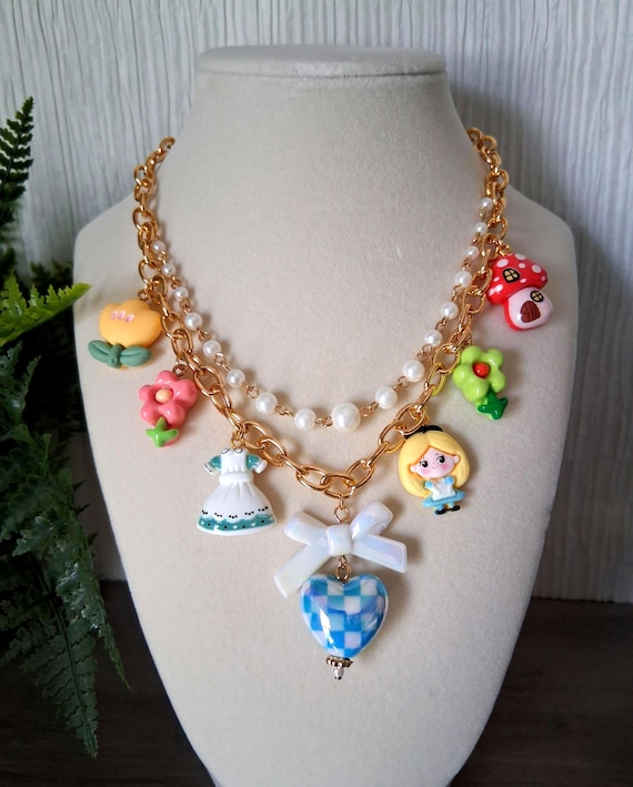 Wonderland Charm Necklace, Storybook Alice Whimsical Gift, Fairytale Statement Jewelry
