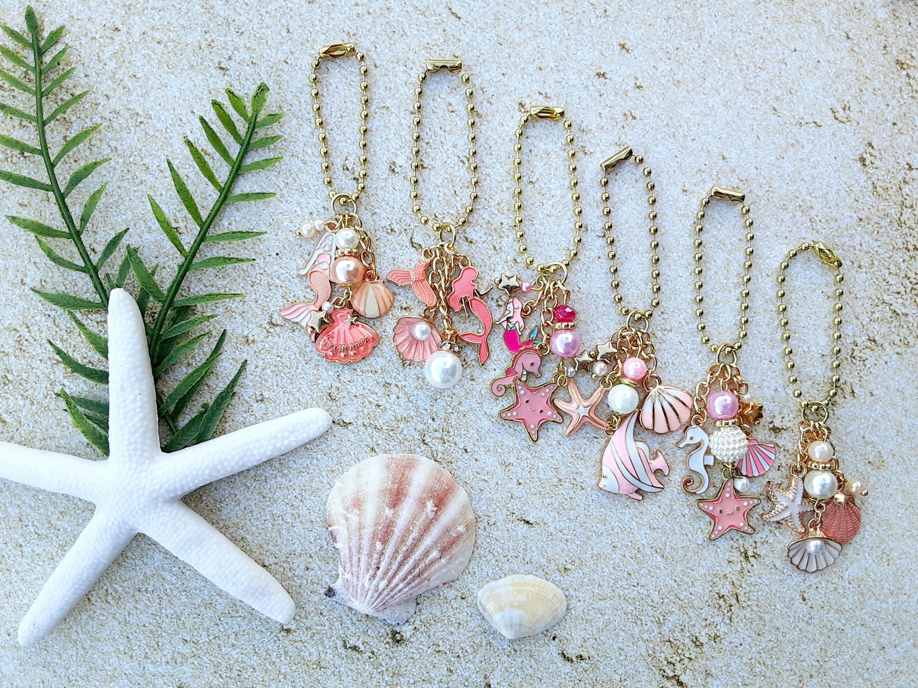 Pink Mermaid Ocean Pearl Charm Dangle Purse Jewelry Beaded Accessory Gift for Her Beach Keychain for handbag Seashell  Journal Planner Charm