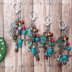 Southwestern Cross Purse Charm Native Bag Clip Keychain for handbag Turqouise Silver Western Dangle Charm Beaded Accessory Gift for Her