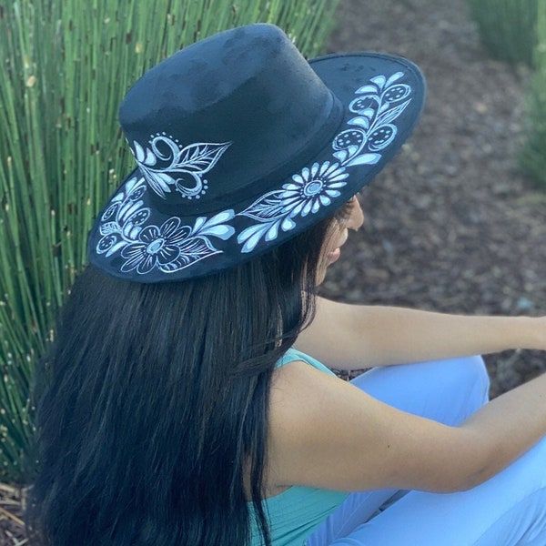 Suede Hat - Mexican Hat - Hand Painted Mexican Hat - Hand Painted Sombrero - Sombrero Artesanal - Hat With Roses