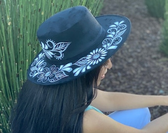 Suede Hat - Mexican Hat - Hand Painted Mexican Hat - Hand Painted Sombrero - Sombrero Artesanal - Hat With Roses