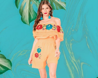 Mexican Embroidered Romper - Off Shoulder Jumpsuit, Made in Mexico