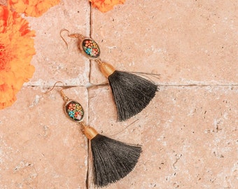 Hand Painted Oval Tassel Earrings - Silk Thread Earrings - Artisanal Earrings - Mexican Earrings - Artisanal Earrings - Mexican Jewelry