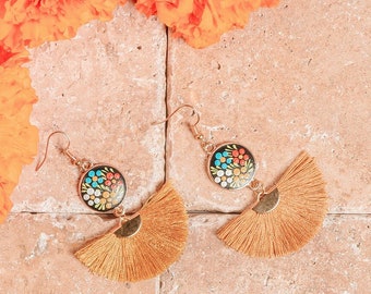 Hand Painted Circled Tassel Earrings - Silk Thread Earrings - Artisanal Earrings - Mexican Earrings - Artisanal Earrings - Mexican Jewelry