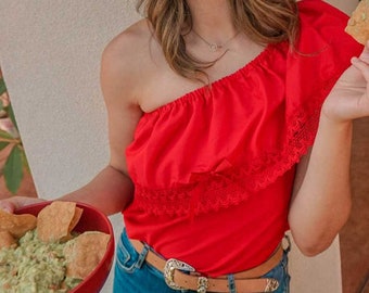 Mexican Lace Trimmed Off The Shoulder Blouse - Solid Color Campesino Blouse - Mexican Blouse - Mexican Blouse