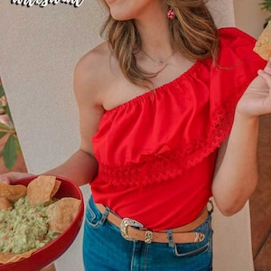 Mexikanische Spitze Getrimmt Von Der Schulter Bluse - Einfarbig Campesino Bluse - Mexikanische Bluse - Mexikanische Bluse