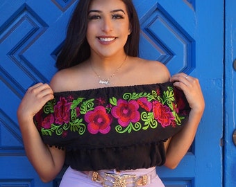 Floral Off the Shoulder Mexican Crop Top Traditional Mexican Blouse Floral Embroidered Mexican Blouse - Mexican Blouse