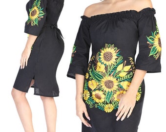 Floral besticktes mexikanisches Off-Shoulder Kleid