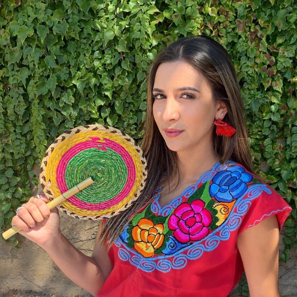 Mexican Hand Fan - Handmade Woven Palm And Bamboo Fan - Mexican Party - Fiesta Handwoven Fan - Abanico Artesanal De Palma Y Bamboo